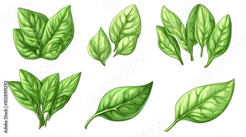 Various green leaves on a white isolated background.