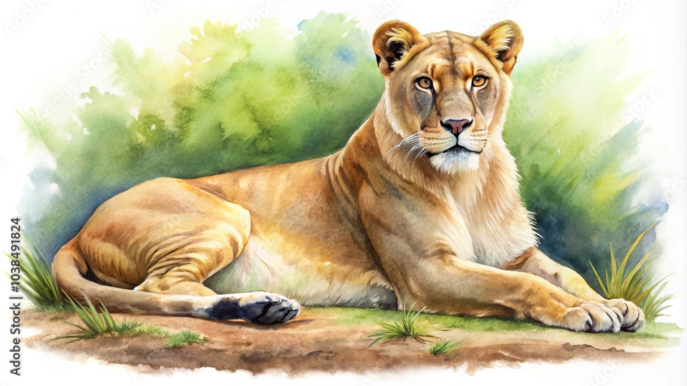 Obraz premium Captivating watercolor lioness illustration, perfect for zoo park invitations and African wildlife decor. Embrace nature's beauty with this unique safari-themed wall art masterpiece.