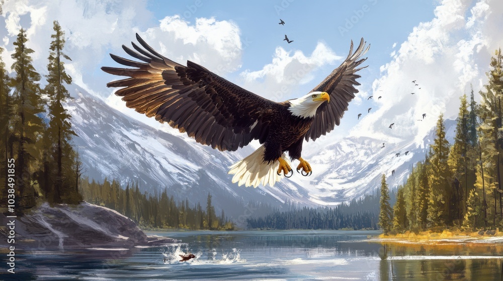 Fototapeta premium A bald eagle swooping down towards a lake, its talons ready to catch its prey.