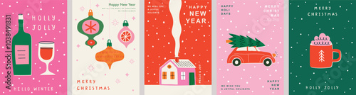 Christmas Minimalist card set - abstract Holidays flyers. Lettering with Christmas and New Year decorative elements. Vector illustration.