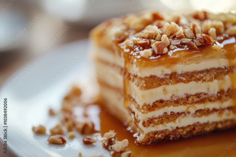 Delicious layered dessert with caramel and nuts Delicious layered dessert with caramel and nuts