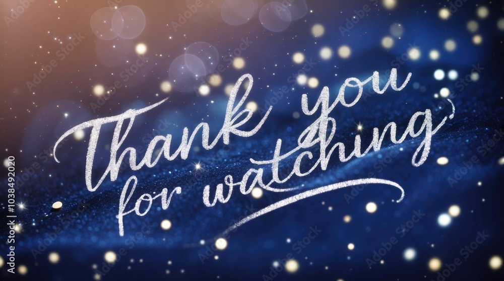 Silver glitter sparkles forming a thank you for watching text on blue elegant background. Silver glitter sparkles forming a thank you for watching text on blue elegant background.