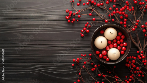 Top view of tangyuan bowl and festive decor with paddub branches and candle on dark wooden surface photo