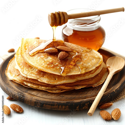 A stack of golden pancakes drizzled with honey and topped with almonds. A wooden spoon and honey jar are nearby. The image is perfect for breakfast, brunch, or dessert themes. photo