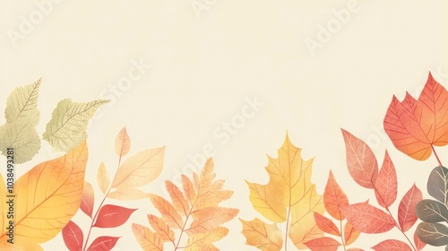 Watercolor autumn leaves border on a cream background with copy space.