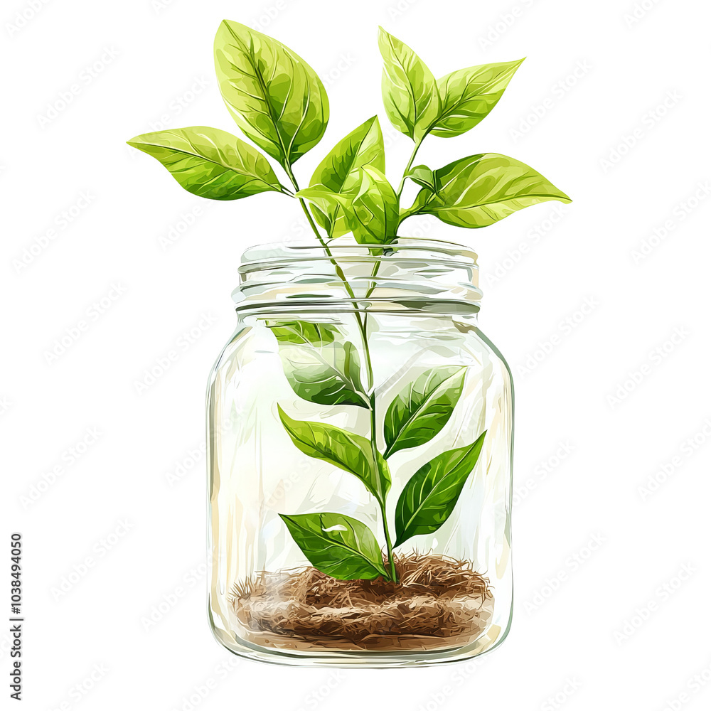 Green plant in glass jar with soil Green plant in glass jar with soil