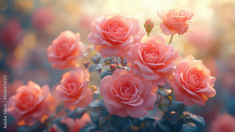 Obraz premium Soft pink roses blooming in a sunlit garden, creating a serene and romantic atmosphere.