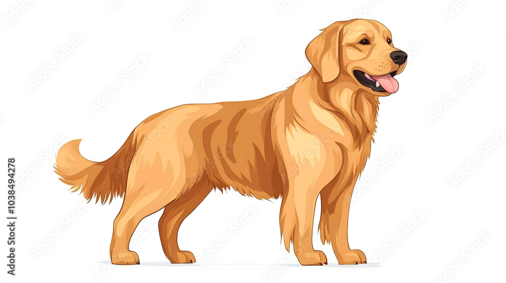 A friendly golden retriever dog standing on a white background with its tongue sticking out. A friendly golden retriever dog standing on a white background with its tongue sticking out.