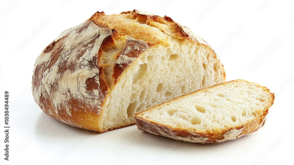 Freshly baked artisan bread loaf with a crispy crust and a soft, airy interior, showcasing a slice pulled away to reveal the texture, isolated on a clean white background Freshly baked artisan bread loaf with a crispy crust and a soft, airy interior, showcasing a slice pulled away to reveal the texture, isolated on a clean white background