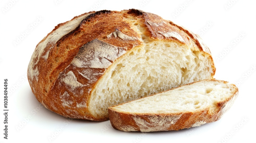 Freshly baked artisan bread loaf with a crispy crust and a soft, airy interior, showcasing a slice pulled away to reveal the texture, isolated on a clean white background Freshly baked artisan bread loaf with a crispy crust and a soft, airy interior, showcasing a slice pulled away to reveal the texture, isolated on a clean white background