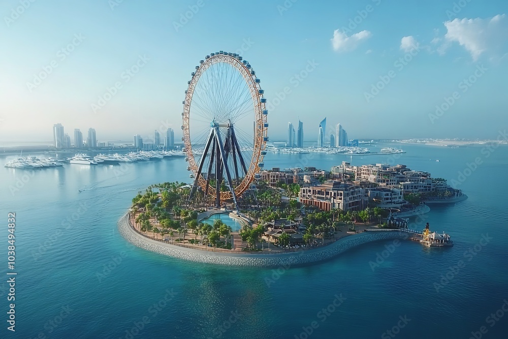 Obraz premium The Ferris Wheel on Ain Dubai and Bluewater's Island. Generative Ai