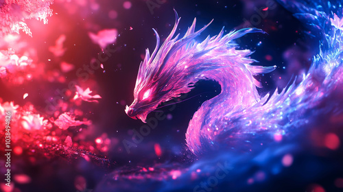 A glowing blue and pink dragon with red and pink lights in the background.