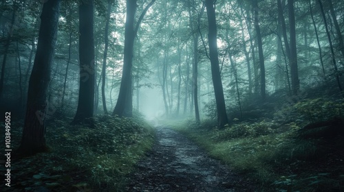 A misty forest path with soft light filtering through the trees, creating an enchanting evening mood.