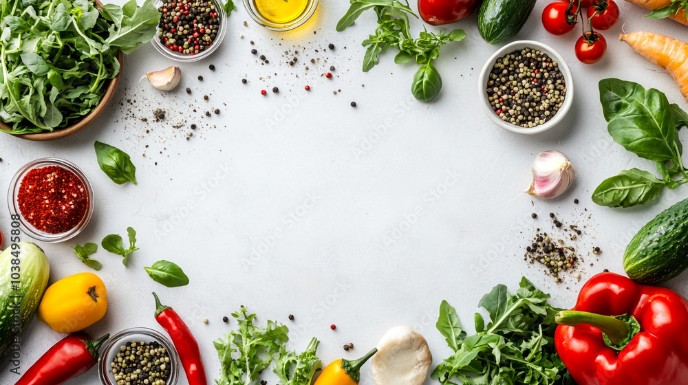 Fresh vegetables and herbs arranged on a countertop ready for cooking in a bright kitchen Fresh vegetables and herbs arranged on a countertop ready for cooking in a bright kitchen