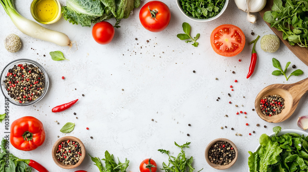 Fresh vegetables and herbs arranged on a countertop for a healthy meal prep Fresh vegetables and herbs arranged on a countertop for a healthy meal prep
