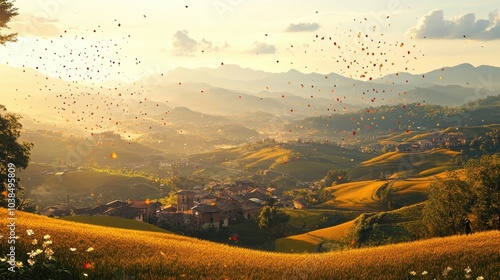 A landscape of rolling hills and fields adorned with traditional decorations during a festival, capturing the essence of celebration. photo