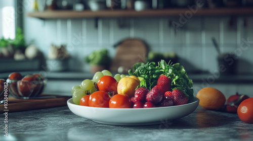 Freshly harvested fruits and vegetables arranged on a kitchen table for a healthy meal preparation