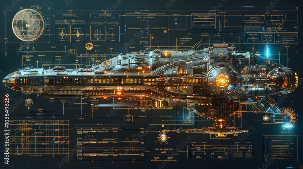 Highly detailed futuristic spaceship blueprint with intricate technical schematics