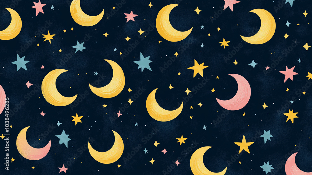 a whimsical pattern of yellow moons and colorful stars on a deep navy background. The moons are depicted in various phases, while the stars come in shades of pink, yellow, and blue a whimsical pattern of yellow moons and colorful stars on a deep navy background. The moons are depicted in various phases, while the stars come in shades of pink, yellow, and blue