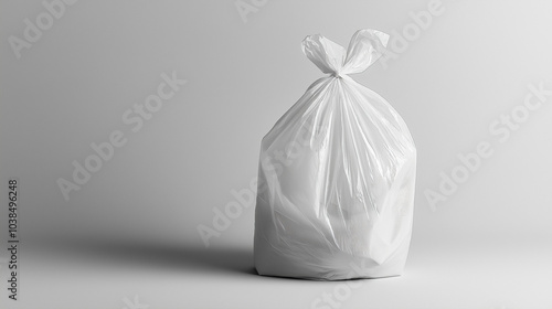 a tied white plastic garbage bag sitting upright against a plain background. The bag's transparent quality allows a glimpse of its contents, suggesting themes of waste management and cleanliness