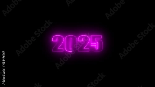 2025 neon glowing text, happy new year 2025,glowing neon congratulation Happy new year celebration. isolated on black background 4k motion video.