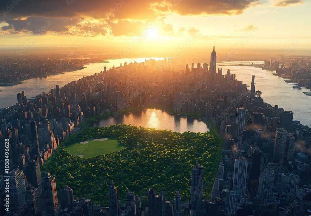 Fototapeta premium A photograph of the city and green fields of New York, seen from above. The sun is rising over them