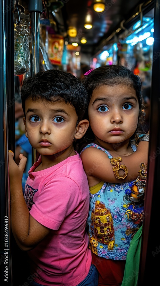 Two Children in Colorful Shirts Looking Out Two Children in Colorful Shirts Looking Out