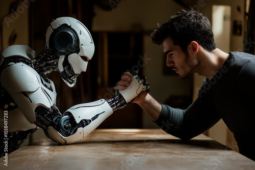 Man arm wrestling a humanoid robot in a competitive setting