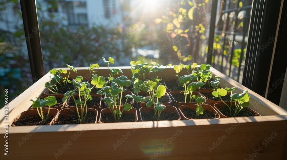 A group of seedlings growing in a wooden planter box, arranged neatly on a balcony garden, under the warm glow of sunlight. A group of seedlings growing in a wooden planter box, arranged neatly on a balcony garden, under the warm glow of sunlight.