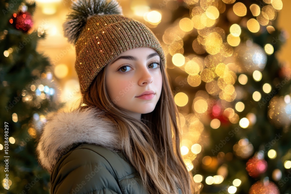 young woman in winter outfit posing in front of christmas lights young woman in winter outfit posing in front of christmas lights