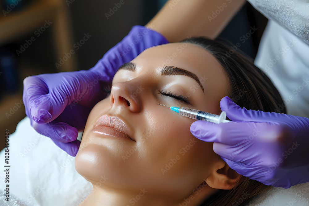 Woman in a beauty salon receiving facial beauty injections, highlighting non-invasive cosmetic procedures for skin rejuvenation and anti-agin