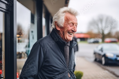 Portrait of happy senior man laughing while walking in the street.