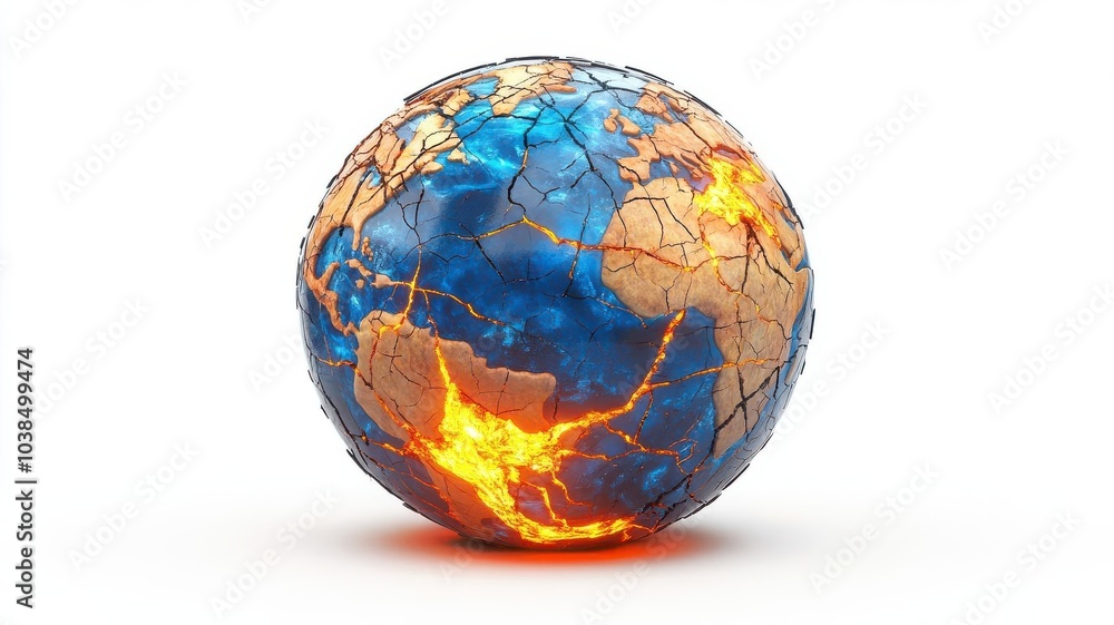 A stylized globe with fiery cracks, showcasing the Earth's continents against a vibrant blue ocean. A stylized globe with fiery cracks, showcasing the Earth's continents against a vibrant blue ocean.