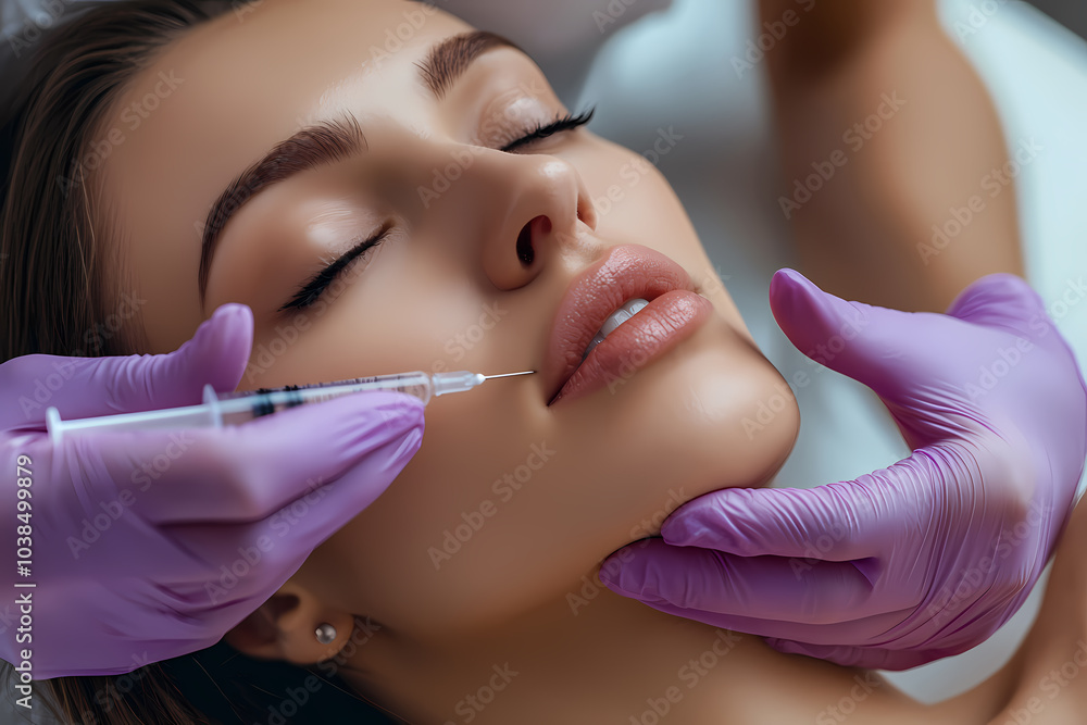 Woman in a beauty salon receiving facial beauty injections, highlighting non-invasive cosmetic procedures for skin rejuvenation and anti-agin Woman in a beauty salon receiving facial beauty injections, highlighting non-invasive cosmetic procedures for skin rejuvenation and anti-agin