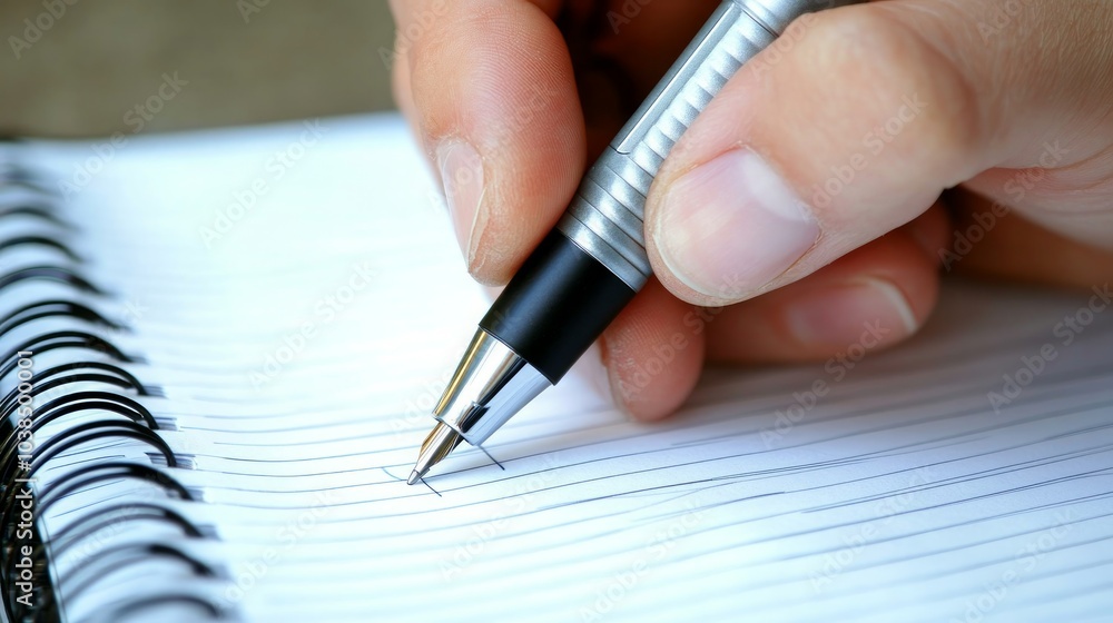 Close-up of a hand writing in a notebook with a pen.