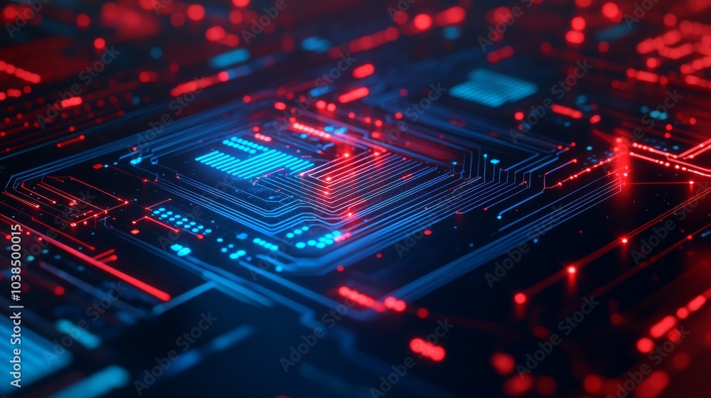 Fototapeta premium Abstract circuit board with red and blue glowing lights, dark background