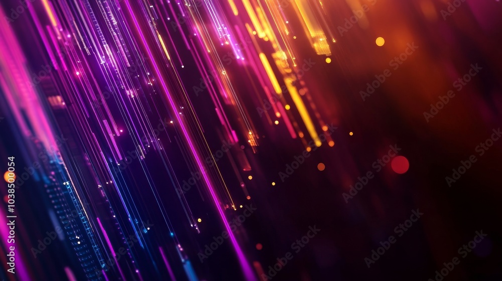 Fototapeta premium Abstract colorful lights background with dynamic vertical lines and glowing particles.