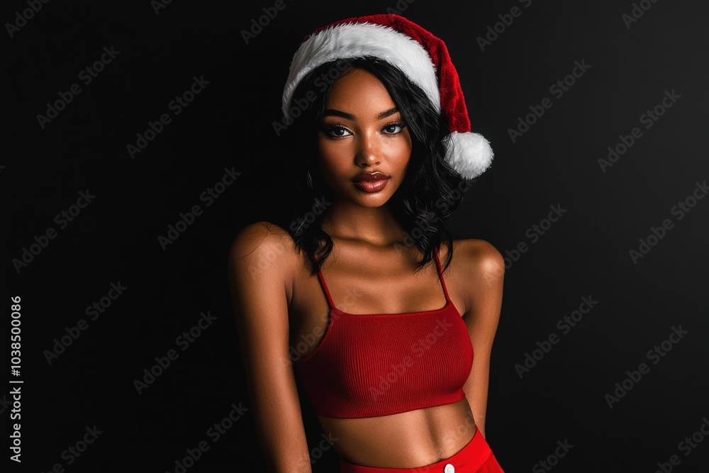 Festive fashion portrait of a young woman in a santa hat Festive fashion portrait of a young woman in a santa hat