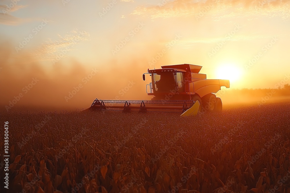 Fototapeta premium Harvesting soybeans using red combine harvester. Generative Ai