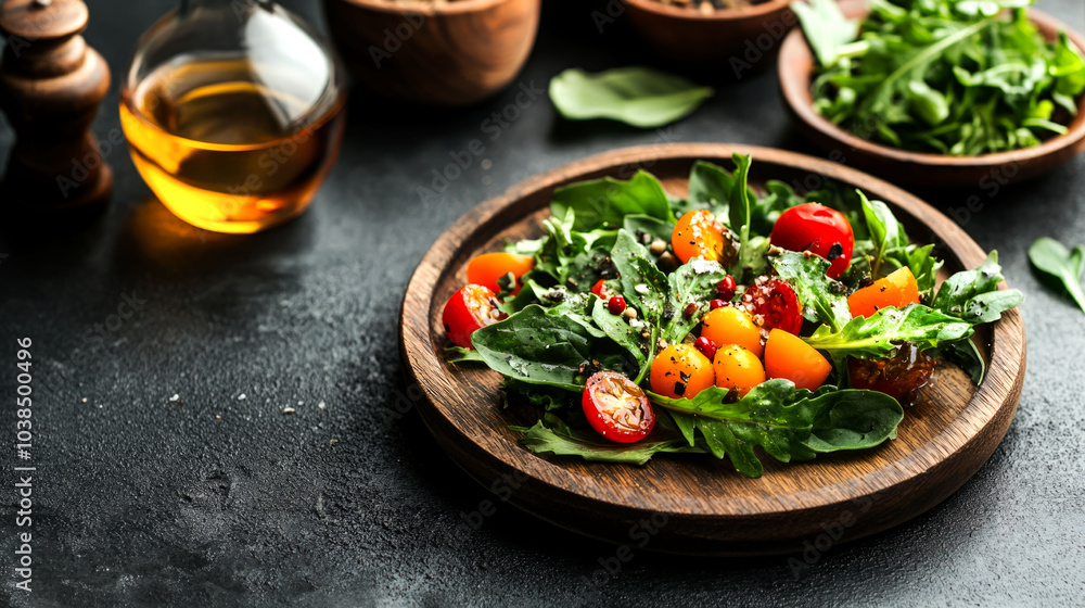 A rustic wooden plate holds a fresh salad of arugula, spinach, and cherry tomatoes. A small bowl of black sesame seeds and another bowl of olive oil are in the background. A rustic wooden plate holds a fresh salad of arugula, spinach, and cherry tomatoes. A small bowl of black sesame seeds and another bowl of olive oil are in the background.