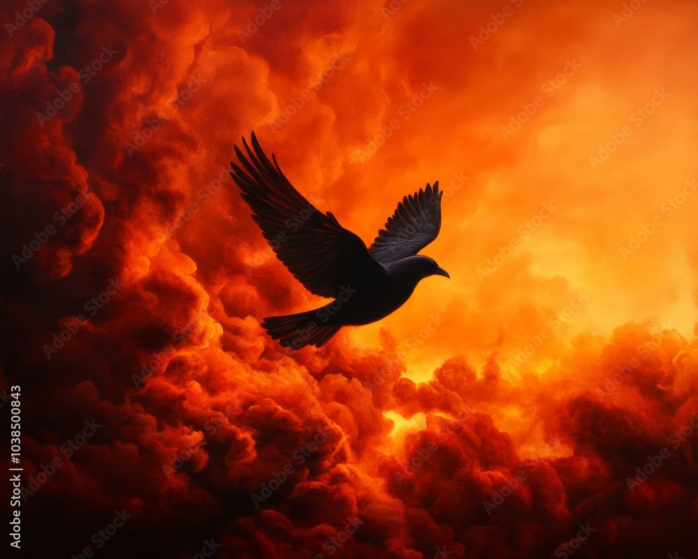 Fototapeta premium Bird soaring through dramatic fiery clouds against an intense sunset backdrop.