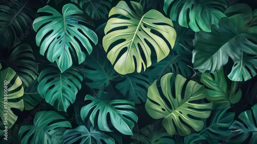 Lush tropical leaves, a seamless pattern of vibrant green monstera leaves against a dark background, creating a visually appealing and organic backdrop. Lush tropical leaves, a seamless pattern of vibrant green monstera leaves against a dark background, creating a visually appealing and organic backdrop.