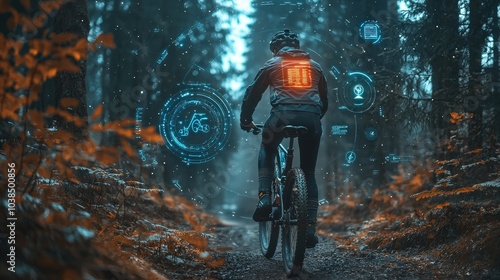Futuristic Cyclist on Forest Trail with Digital Performance Indicators