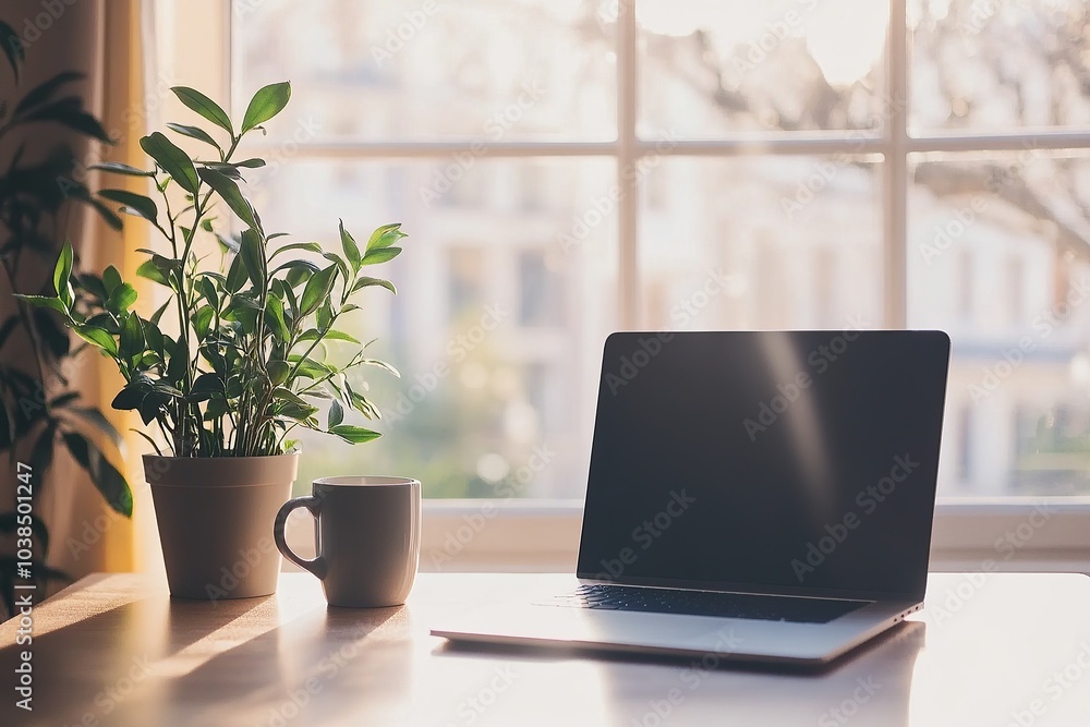 Fototapeta premium A minimalist home office setup with an open laptop on the table