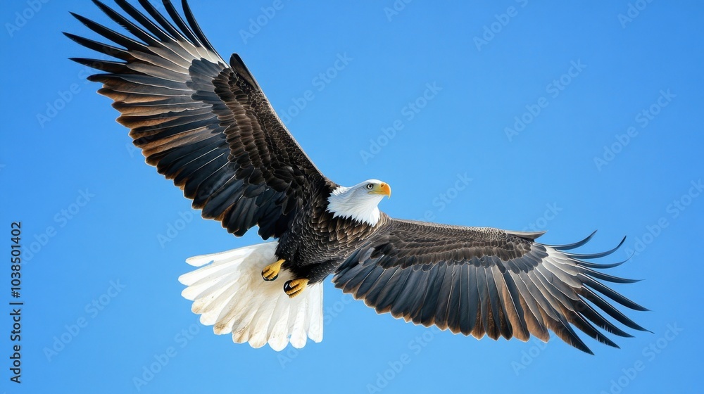 Fototapeta premium A majestic bald eagle soaring against a clear blue sky, its wings fully spread.