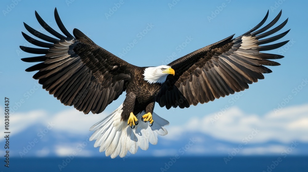 A majestic bald eagle soaring against a clear blue sky, its wings fully spread. A majestic bald eagle soaring against a clear blue sky, its wings fully spread.