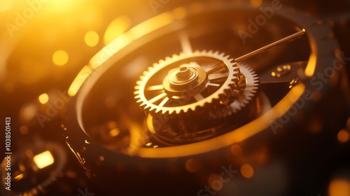 Close-up of a detailed mechanical gear with warm lighting effects.