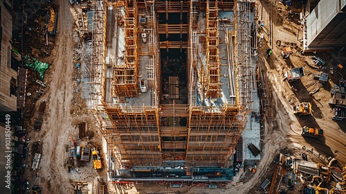 Aerial View of Construction Site with Scaffolding and Heavy Machinery