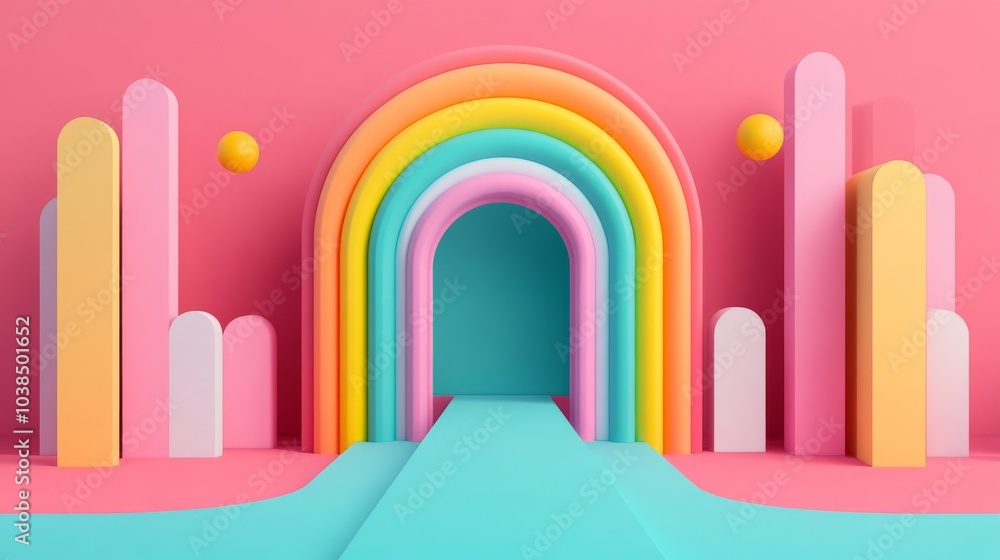Colorful 3D rainbow arch, playful geometric shapes on pink background. Colorful 3D rainbow arch, playful geometric shapes on pink background.