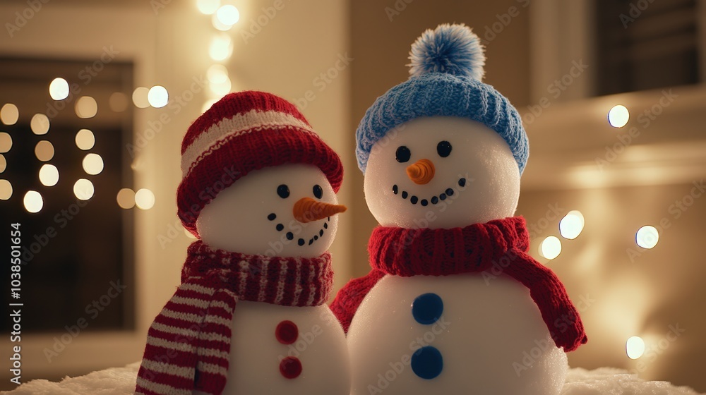 Festive snowman couple in winter scene Festive snowman couple in winter scene